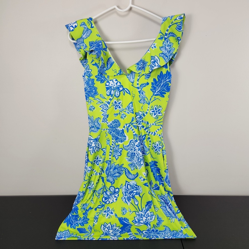 Gretchen Scott Fling Fantasy Dress Lime Green Blue Floral Size XS Ruffle V Neck - Picture 4 of 13